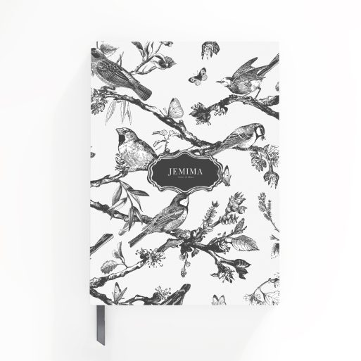 Bird pattern design for personalised notebooks with monochrome illustrations, Utterly Printable, 0 photos.