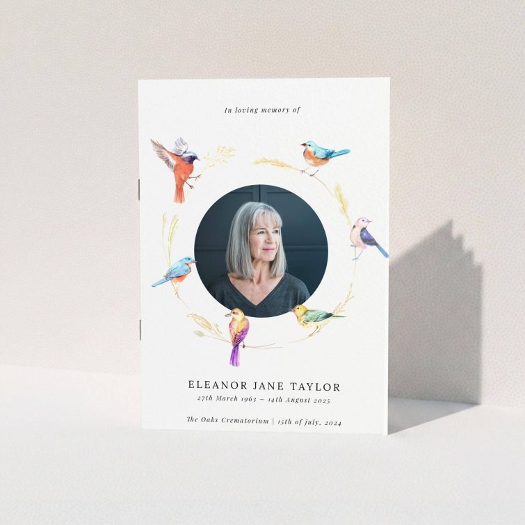 Funeral order of service programme design with one photo surrounded by colourful birds