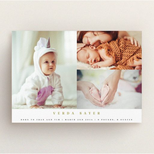 A birth announcement card named "1 big, 2 small". It is an A5 card in a landscape orientation. It is a photographic birth announcement card with room for 3 photos. "1 big, 2 small" is available as a flat card, with mainly white colouring.