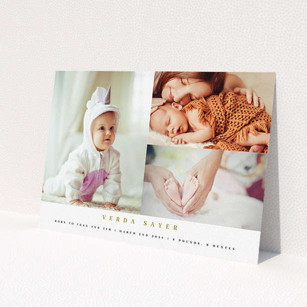 A birth announcement card named '1 big, 2 small'. It is an A5 card in a landscape orientation. It is a photographic birth announcement card with room for 3 photos. '1 big, 2 small' is available as a flat card, with mainly white colouring.
