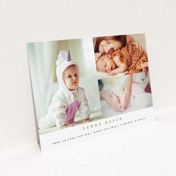 A birth announcement card named "1 big, 2 small". It is an A5 card in a landscape orientation. It is a photographic birth announcement card with room for 3 photos. "1 big, 2 small" is available as a flat card, with mainly white colouring.