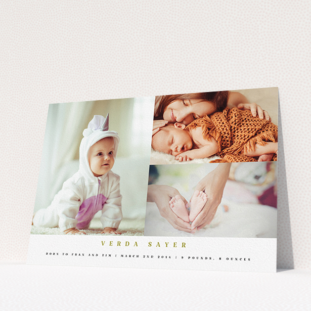 A birth announcement card named "1 big, 2 small". It is an A5 card in a landscape orientation. It is a photographic birth announcement card with room for 3 photos. "1 big, 2 small" is available as a flat card, with mainly white colouring.