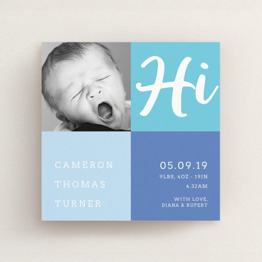 A birth announcement card called "All Squared Away". It is a square (148mm x 148mm) card in a square orientation. It is a photographic birth announcement card with room for 1 photo. "All Squared Away" is available as a flat card, with tones of blue and white.