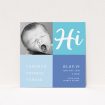 A birth announcement card called "All Squared Away". It is a square (148mm x 148mm) card in a square orientation. It is a photographic birth announcement card with room for 1 photo. "All Squared Away" is available as a flat card, with tones of blue and white.