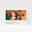 A birth announcement card called "Alphabet Blocks". It is an A5 card in a landscape orientation. It is a photographic birth announcement card with room for 1 photo. "Alphabet Blocks" is available as a flat card, with tones of green and purple.