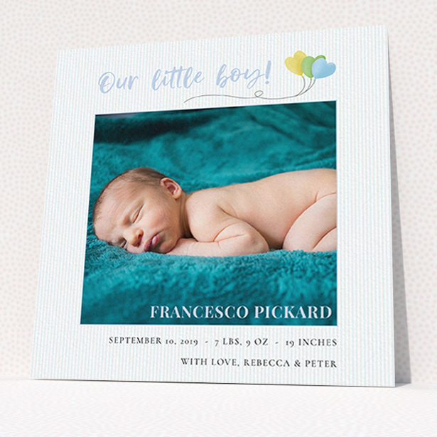 A birth announcement card design titled "Balloooons". It is a square (148mm x 148mm) card in a square orientation. It is a photographic birth announcement card with room for 1 photo. "Balloooons" is available as a flat card, with mainly blue colouring.