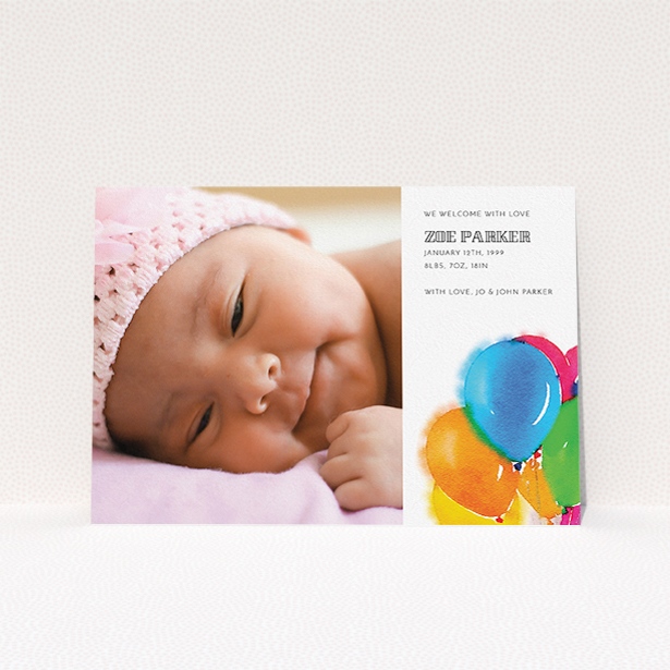 A birth announcement card named "Big Balloons". It is an A5 card in a landscape orientation. It is a photographic birth announcement card with room for 1 photo. "Big Balloons" is available as a flat card, with tones of white, orange and blue.