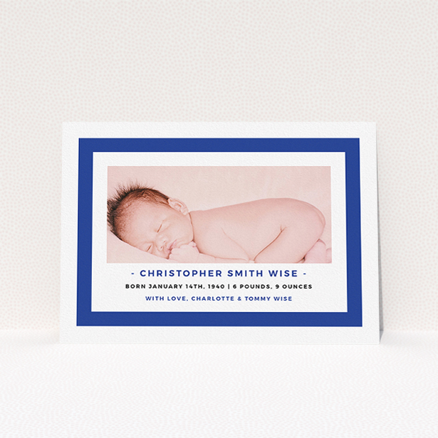 A birth announcement card template titled "Big Blue". It is an A5 card in a landscape orientation. It is a photographic birth announcement card with room for 1 photo. "Big Blue" is available as a flat card, with tones of blue and white.