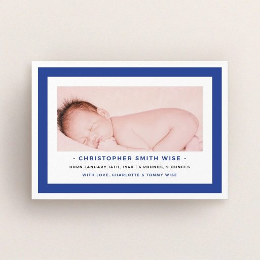 A birth announcement card called "Big Blue". It is an A6 card in a landscape orientation. It is a photographic birth announcement card with room for 1 photo. "Big Blue" is available as a flat card, with tones of blue and white.