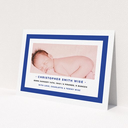 A birth announcement card called 'Big Blue'. It is an A6 card in a landscape orientation. It is a photographic birth announcement card with room for 1 photo. 'Big Blue' is available as a flat card, with tones of blue and white.