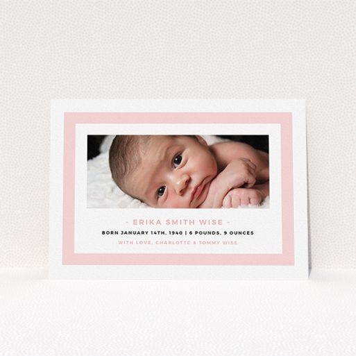 A birth announcement card called "Big Pink". It is an A5 card in a landscape orientation. It is a photographic birth announcement card with room for 1 photo. "Big Pink" is available as a flat card, with tones of pink and white.