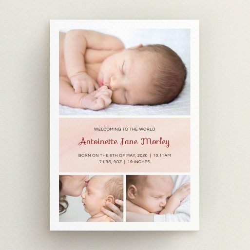 A birth announcement card design named "Block Tower". It is an A5 card in a portrait orientation. It is a photographic birth announcement card with room for 3 photos. "Block Tower" is available as a flat card, with tones of pink and white.