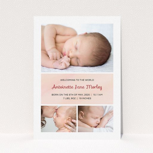 A birth announcement card design named "Block Tower". It is an A5 card in a portrait orientation. It is a photographic birth announcement card with room for 3 photos. "Block Tower" is available as a flat card, with tones of pink and white.