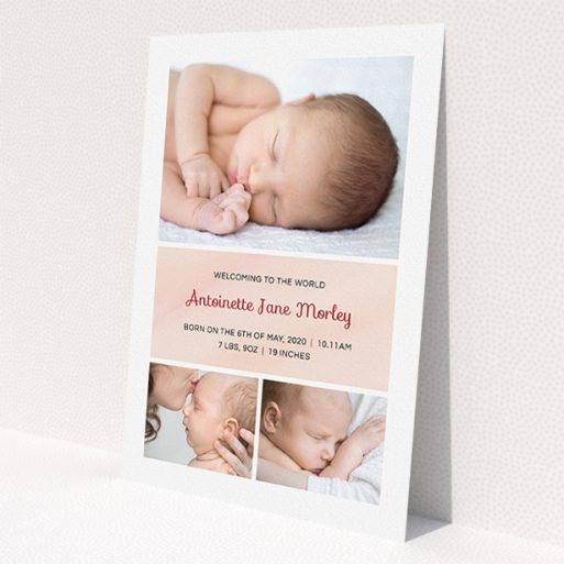 A birth announcement card design named 'Block Tower'. It is an A5 card in a portrait orientation. It is a photographic birth announcement card with room for 3 photos. 'Block Tower' is available as a flat card, with tones of pink and white.