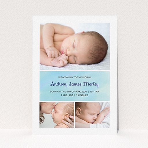 A birth announcement card template titled "Block Tower". It is an A6 card in a portrait orientation. It is a photographic birth announcement card with room for 3 photos. "Block Tower" is available as a flat card, with tones of blue and white.