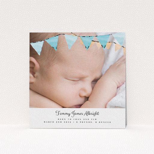 A birth announcement card design named "Blue Bunting". It is a square (148mm x 148mm) card in a square orientation. It is a photographic birth announcement card with room for 1 photo. "Blue Bunting" is available as a flat card, with tones of blue and white.