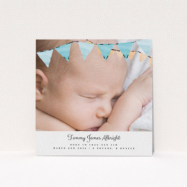 A birth announcement card design named "Blue Bunting". It is a square (148mm x 148mm) card in a square orientation. It is a photographic birth announcement card with room for 1 photo. "Blue Bunting" is available as a flat card, with tones of blue and white.