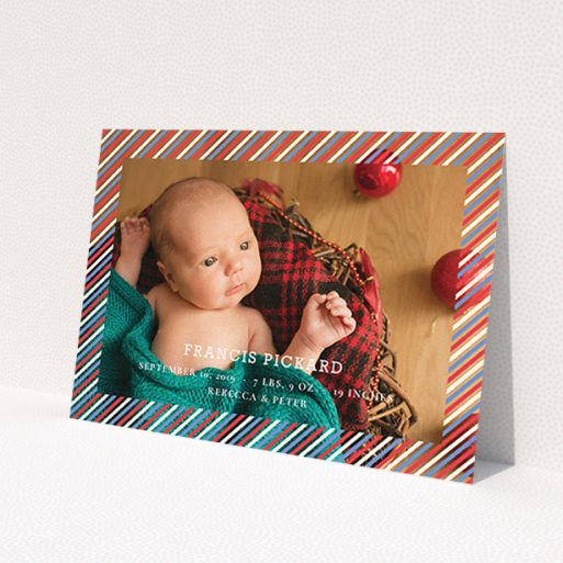 A birth announcement card design titled 'Blue, Red and White Slant'. It is an A6 card in a landscape orientation. It is a photographic birth announcement card with room for 1 photo. 'Blue, Red and White Slant' is available as a flat card, with mainly white colouring.