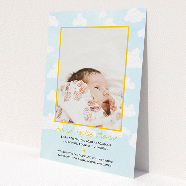 A birth announcement card design titled 'Blue Skies'. It is an A5 card in a portrait orientation. It is a photographic birth announcement card with room for 1 photo. 'Blue Skies' is available as a flat card, with tones of blue, yellow and white.