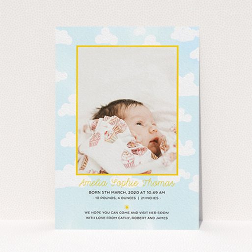 A birth announcement card design titled "Blue Skies". It is an A6 card in a portrait orientation. It is a photographic birth announcement card with room for 1 photo. "Blue Skies" is available as a flat card, with tones of blue, yellow and white.