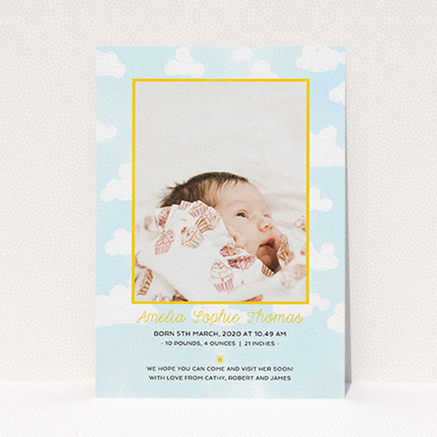 A birth announcement card design titled "Blue Skies". It is an A6 card in a portrait orientation. It is a photographic birth announcement card with room for 1 photo. "Blue Skies" is available as a flat card, with tones of blue, yellow and white.