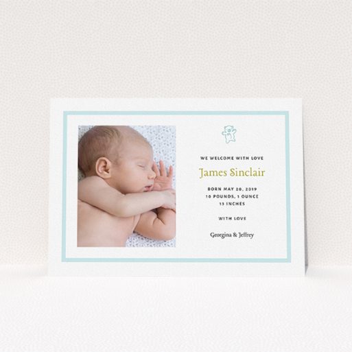 A birth announcement card template titled "Blue Teddy". It is an A5 card in a landscape orientation. It is a photographic birth announcement card with room for 1 photo. "Blue Teddy" is available as a flat card, with tones of blue and white.