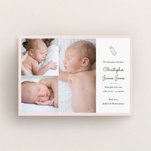 A birth announcement card called "Bottled Up". It is an A6 card in a landscape orientation. It is a photographic birth announcement card with room for 3 photos. "Bottled Up" is available as a flat card, with tones of pink and white.