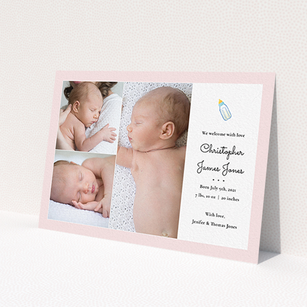 A birth announcement card called 'Bottled Up'. It is an A6 card in a landscape orientation. It is a photographic birth announcement card with room for 3 photos. 'Bottled Up' is available as a flat card, with tones of pink and white.