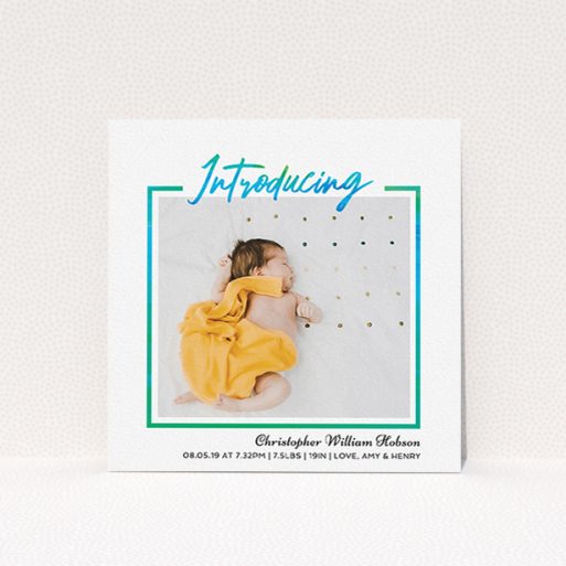 A birth announcement card template titled "Bright Introduction". It is a square (148mm x 148mm) card in a square orientation. It is a photographic birth announcement card with room for 1 photo. "Bright Introduction" is available as a flat card, with tones of blue and white.