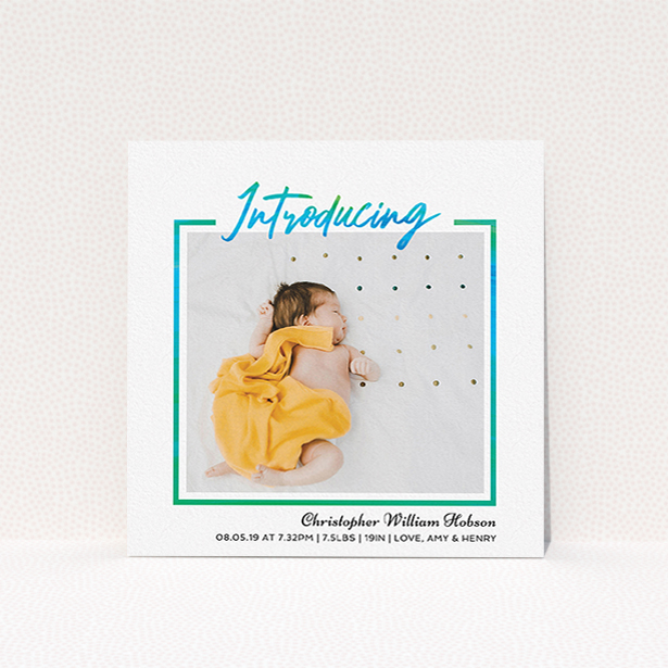 A birth announcement card template titled "Bright Introduction". It is a square (148mm x 148mm) card in a square orientation. It is a photographic birth announcement card with room for 1 photo. "Bright Introduction" is available as a flat card, with tones of blue and white.