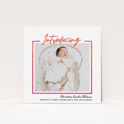 A birth announcement card design named "Bright Introduction". It is a square (148mm x 148mm) card in a square orientation. It is a photographic birth announcement card with room for 1 photo. "Bright Introduction" is available as a flat card, with tones of pink and white.