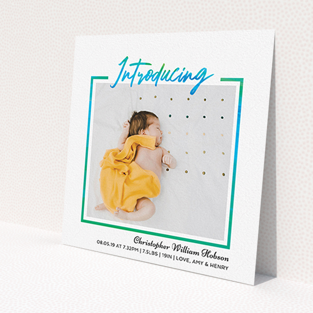 A birth announcement card template titled 'Bright Introduction'. It is a square (148mm x 148mm) card in a square orientation. It is a photographic birth announcement card with room for 1 photo. 'Bright Introduction' is available as a flat card, with tones of blue and white.