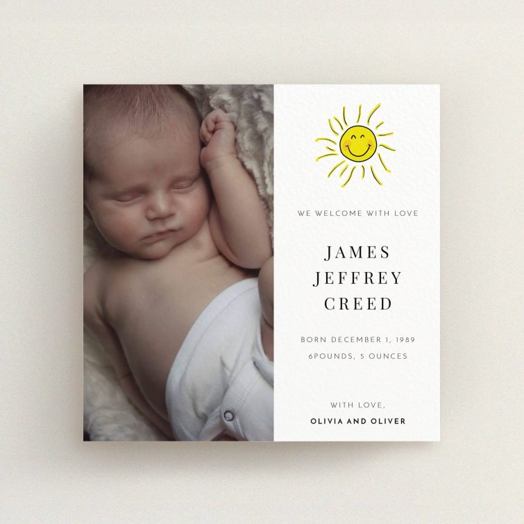 A birth announcement card named "Bright Sun". It is a square (148mm x 148mm) card in a square orientation. It is a photographic birth announcement card with room for 1 photo. "Bright Sun" is available as a flat card, with tones of white and yellow.