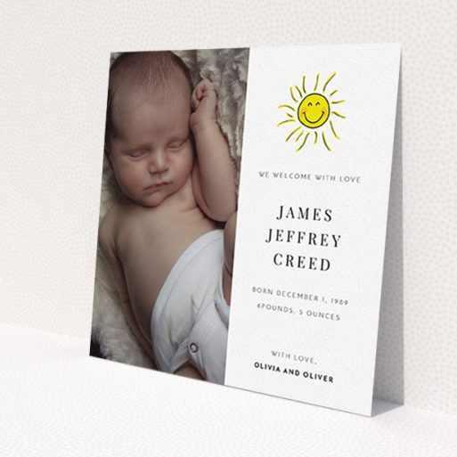 A birth announcement card named 'Bright Sun'. It is a square (148mm x 148mm) card in a square orientation. It is a photographic birth announcement card with room for 1 photo. 'Bright Sun' is available as a flat card, with tones of white and yellow.