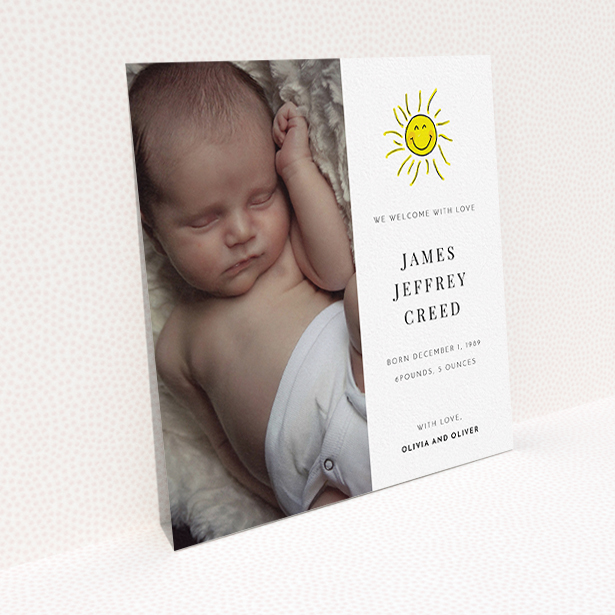 A birth announcement card named "Bright Sun". It is a square (148mm x 148mm) card in a square orientation. It is a photographic birth announcement card with room for 1 photo. "Bright Sun" is available as a flat card, with tones of white and yellow.