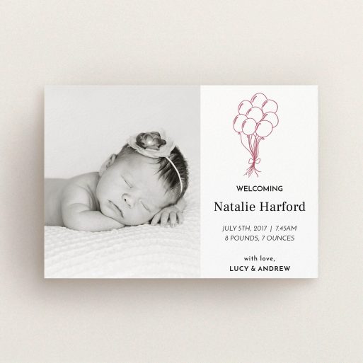 A birth announcement card template titled "Celebration". It is an A6 card in a landscape orientation. It is a photographic birth announcement card with room for 1 photo. "Celebration" is available as a flat card, with tones of white and red.