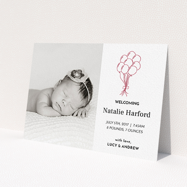 A birth announcement card template titled 'Celebration'. It is an A6 card in a landscape orientation. It is a photographic birth announcement card with room for 1 photo. 'Celebration' is available as a flat card, with tones of white and red.