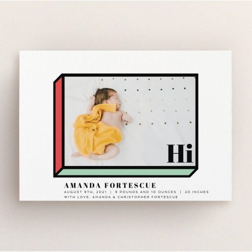 A birth announcement card named "Chip Off The Old Block". It is an A5 card in a landscape orientation. It is a photographic birth announcement card with room for 1 photo. "Chip Off The Old Block" is available as a flat card, with tones of white, green and red.
