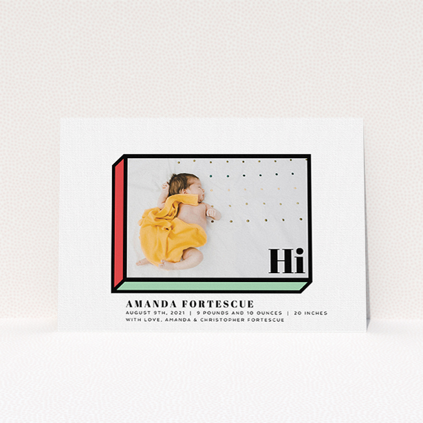 A birth announcement card named "Chip Off The Old Block". It is an A5 card in a landscape orientation. It is a photographic birth announcement card with room for 1 photo. "Chip Off The Old Block" is available as a flat card, with tones of white, green and red.
