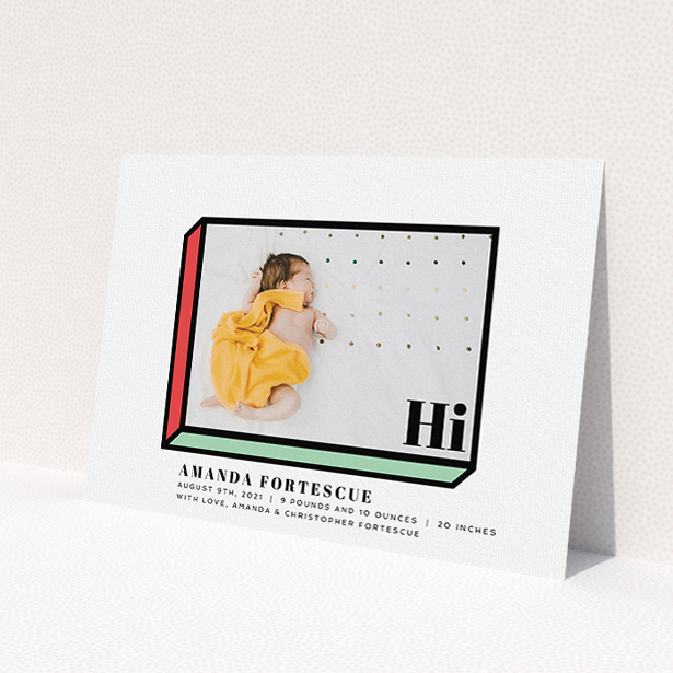 A birth announcement card named 'Chip Off The Old Block'. It is an A5 card in a landscape orientation. It is a photographic birth announcement card with room for 1 photo. 'Chip Off The Old Block' is available as a flat card, with tones of white, green and red.