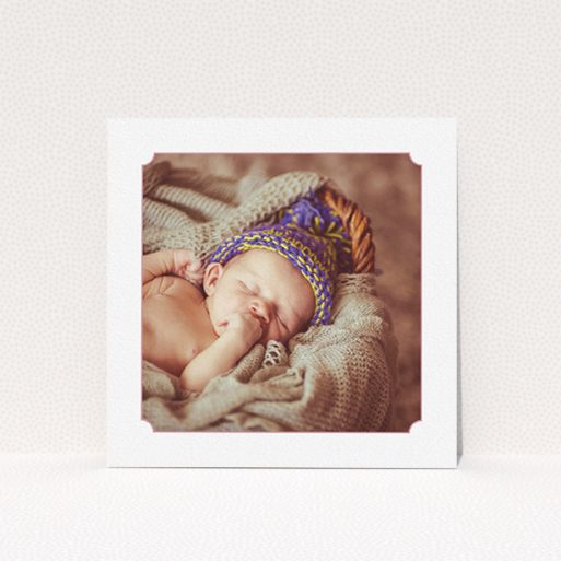 A birth announcement card named "Classic Frame". It is a square (148mm x 148mm) card in a square orientation. It is a photographic birth announcement card with room for 1 photo. "Classic Frame" is available as a flat card, with tones of white and pink.