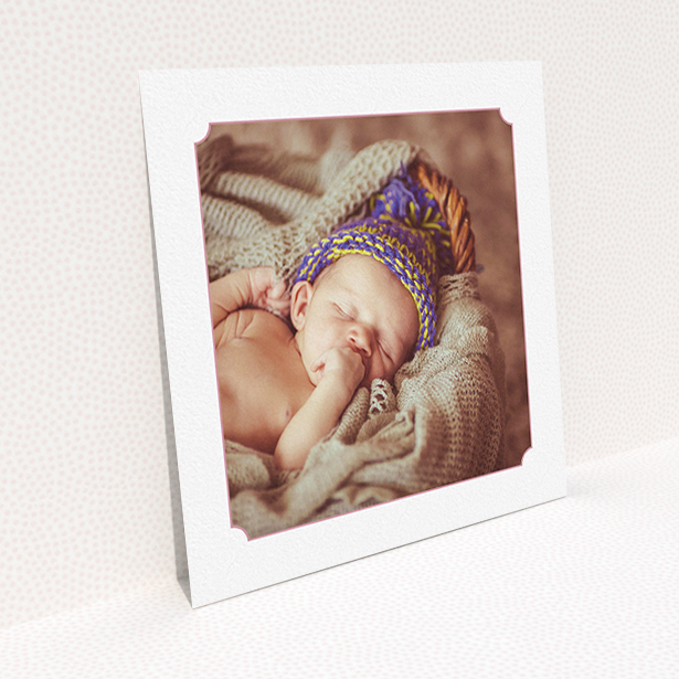 A birth announcement card named "Classic Frame". It is a square (148mm x 148mm) card in a square orientation. It is a photographic birth announcement card with room for 1 photo. "Classic Frame" is available as a flat card, with tones of white and pink.