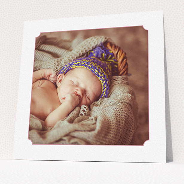 A birth announcement card named "Classic Frame". It is a square (148mm x 148mm) card in a square orientation. It is a photographic birth announcement card with room for 1 photo. "Classic Frame" is available as a flat card, with tones of white and pink.