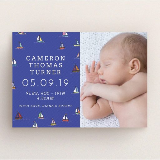 A birth announcement card called "Cowes Week". It is an A5 card in a landscape orientation. It is a photographic birth announcement card with room for 1 photo. "Cowes Week" is available as a flat card, with mainly blue colouring.