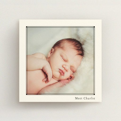 Birth Announcement Card Design - "Deco Cream Frame" A birth announcement card design named "Deco Cream Frame". It is a square (148mm x 148mm) card in a square orientation. It is a photographic birth announcement card with room for 1 photo. "Deco Cream Frame" is available as a flat card, with mainly cream colouring.