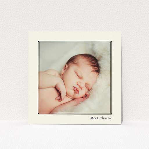 A birth announcement card design named "Deco Cream Frame". It is a square (148mm x 148mm) card in a square orientation. It is a photographic birth announcement card with room for 1 photo. "Deco Cream Frame" is available as a flat card, with mainly cream colouring.