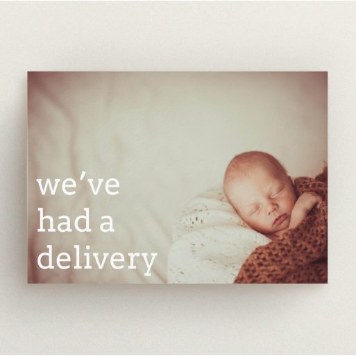 A birth announcement card named "Delivery". It is an A5 card in a landscape orientation. It is a photographic birth announcement card with room for 1 photo. "Delivery" is available as a flat card, with mainly white colouring.