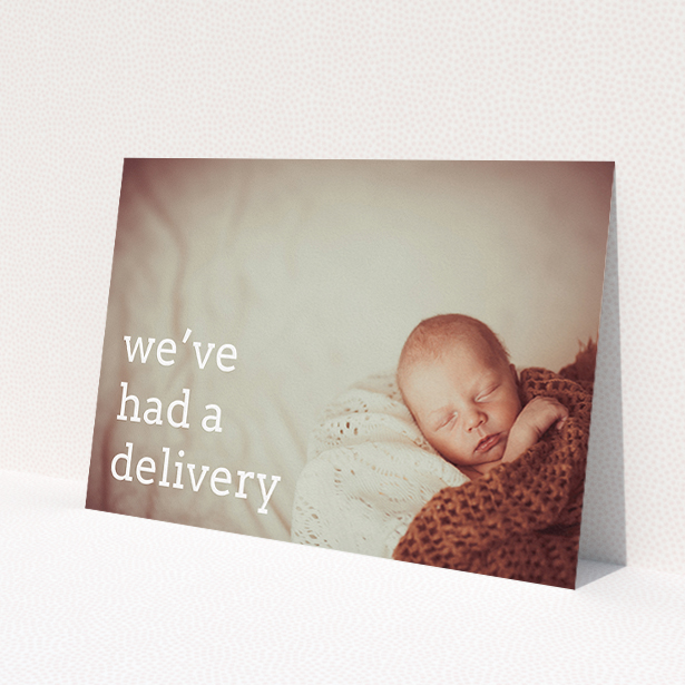 A birth announcement card named 'Delivery'. It is an A5 card in a landscape orientation. It is a photographic birth announcement card with room for 1 photo. 'Delivery' is available as a flat card, with mainly white colouring.
