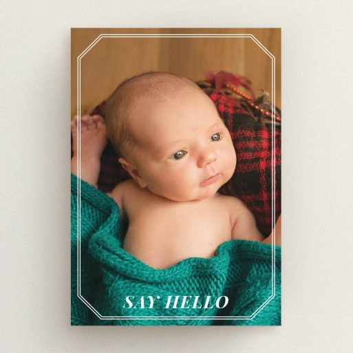 A birth announcement card design called "Etched Step Frame". It is an A5 card in a portrait orientation. It is a photographic birth announcement card with room for 1 photo. "Etched Step Frame" is available as a flat card, with mainly white colouring.