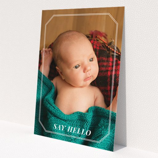 A birth announcement card design called 'Etched Step Frame'. It is an A5 card in a portrait orientation. It is a photographic birth announcement card with room for 1 photo. 'Etched Step Frame' is available as a flat card, with mainly white colouring.
